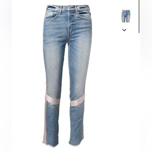 McGuire High Waist Vintage Slim Tuxedo Stripe Jeans Blue and Raw Hem Sz 26